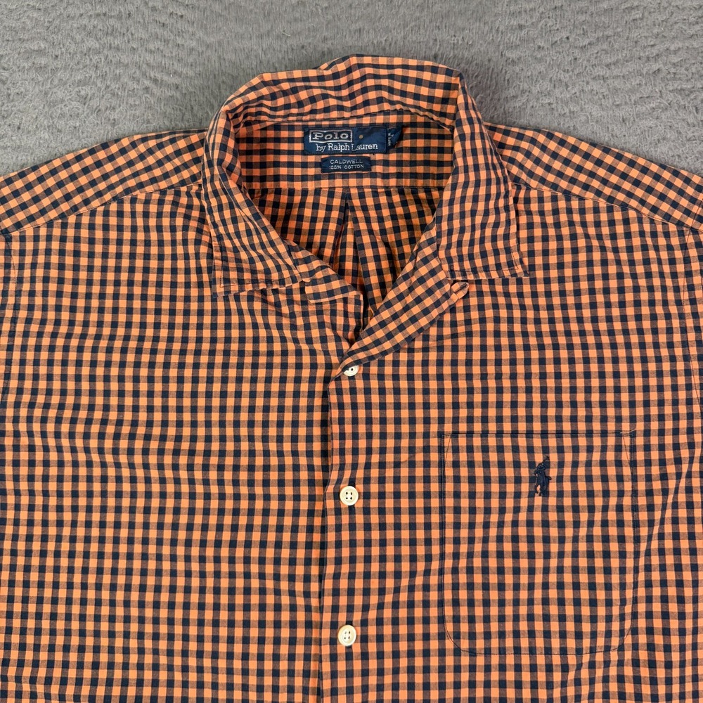 Vintage Polo Ralph Lauren Caldwell Shirt Mens L Orange Plaid Camp Loop Collar